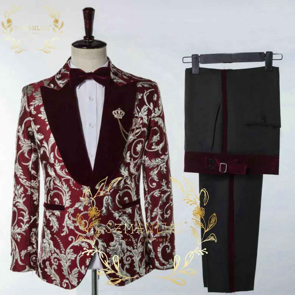 SZMANLIZI-Conjunto de traje de 2 piezas para hombre, Blazer de Jacquard Burdeos para fiesta, esmoquin ajustado para novio y boda, 2022