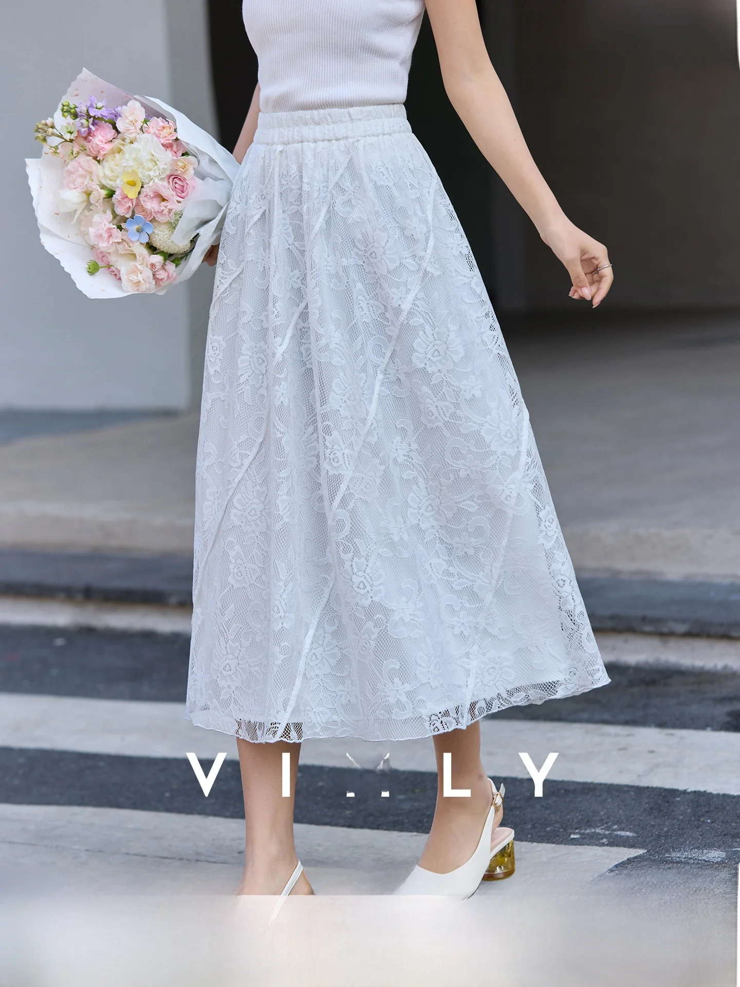 

Женская юбка Ele Lace A-Line с асимметричным разрезом, весна 2026, повседневная, из полиэстера, трикотажная, приталенного кроя