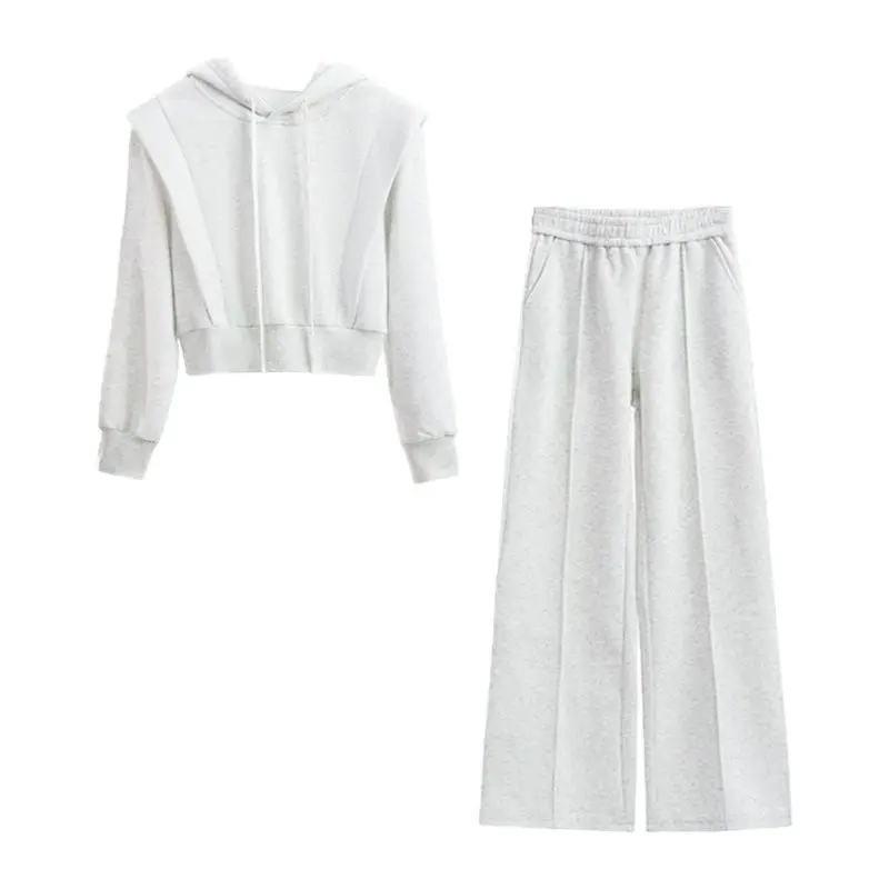 Autumn and winter high-end fashion women's casual suit American retro two-piece set hooded fake two-piece hoodie+flared pants