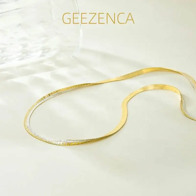 GEEZENCA 925 Sterling Silver Two Tone Blade Snake Chain Chokers Necklace For Women Shiny Italian Luxury Jewelry Gift