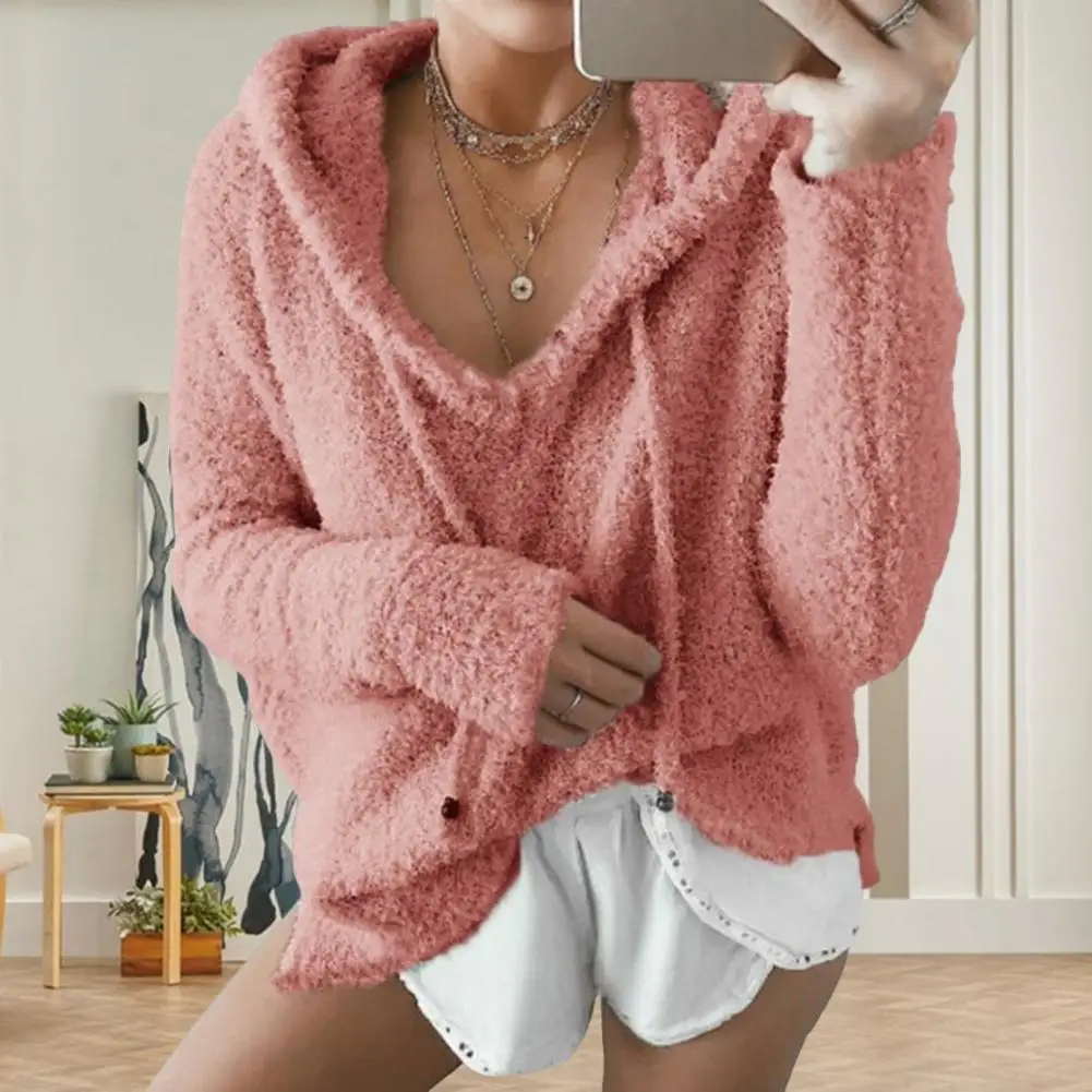 2024 Autumn Top Women Casual Mohair Hooded Pullovers V Neck Fleece Sweater Fashion Sweet Loose Warm Winter Mohair Tops Pullover