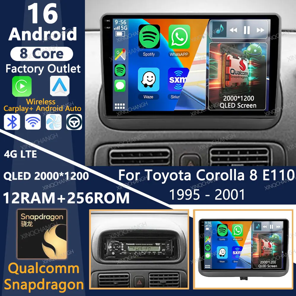 Rádio Automotivo Android 16 para Toyota Corolla 8 E110 1995 - 2001 com Carplay Auto, Unidade Principal QLED, 4G WIFI, Bluetooth, Qualcomm, GPS, Navegação 2DIN