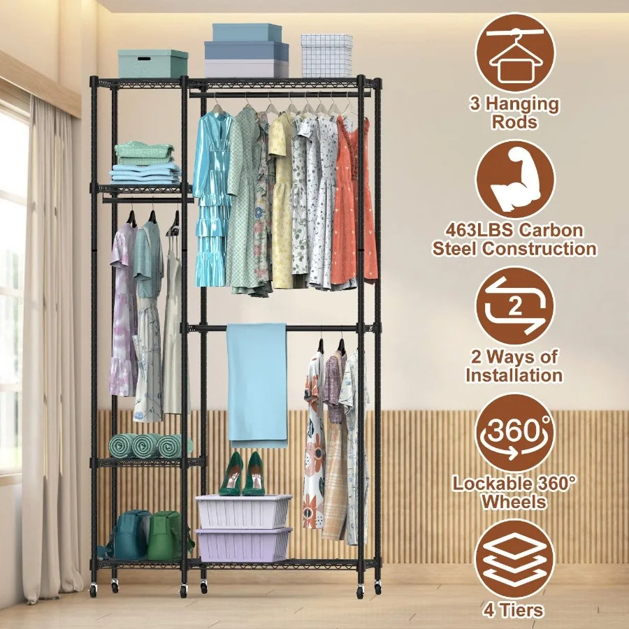 4 Tier Heavy Duty Garment Rack with Wheels Carbon Steel Clothing Rack Portable Wardrobe Clothes Rack with 3 Hanging Rods 6 Foot