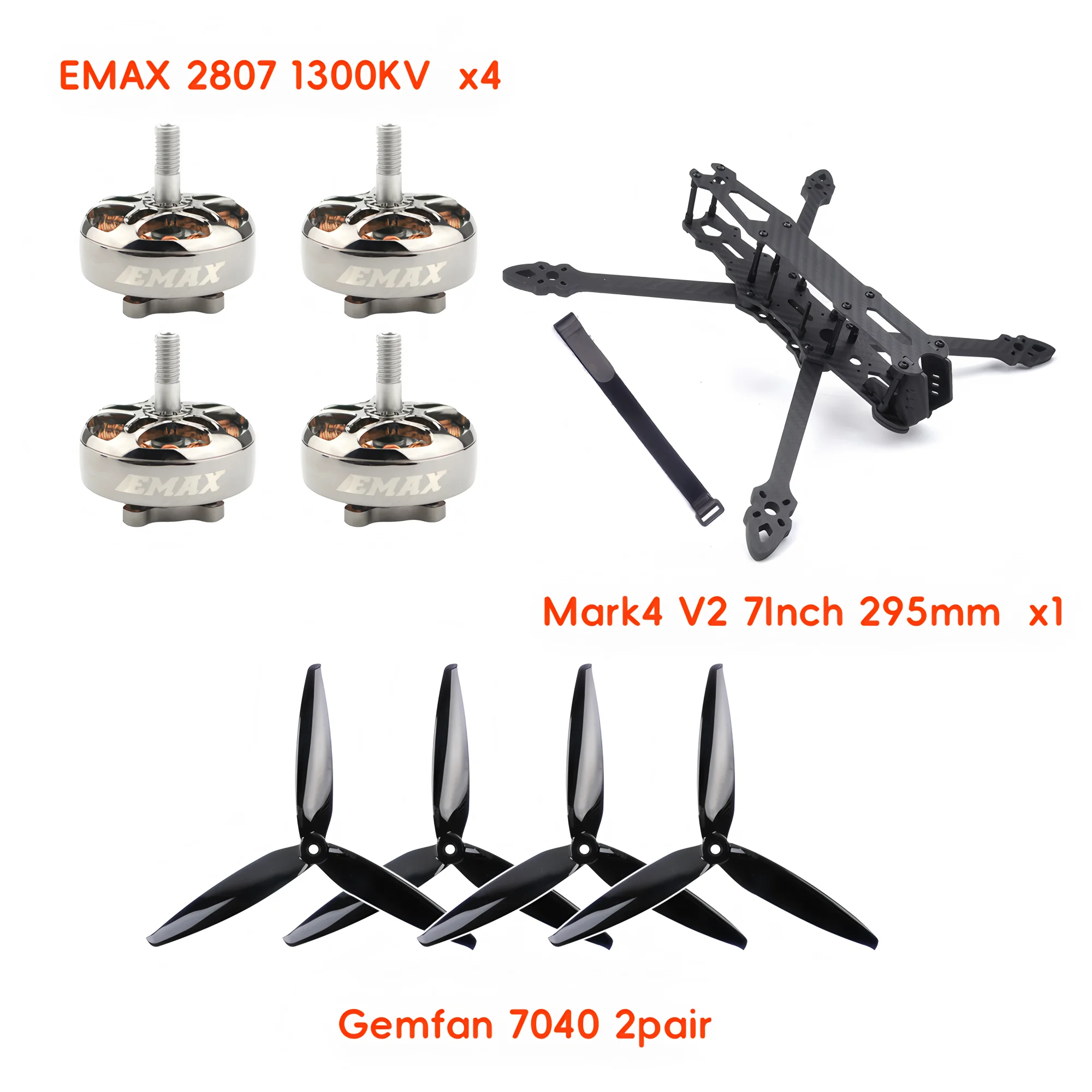 

FPV Carbon Fiber Frame Mark4 7Inch 6mm Arm EMAX ECO II 2807 1300KV Brushless Motor Gemben 7040 7inch Prop Long Range Drone
