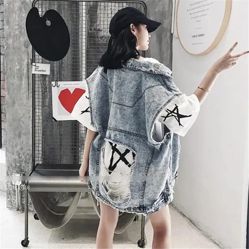 Ripped Denim Jacket Sleeveless Streetwear Women Waistcoat 2023 Spring Summer New Vintage Casual Loose Korean Fashion Female Vest