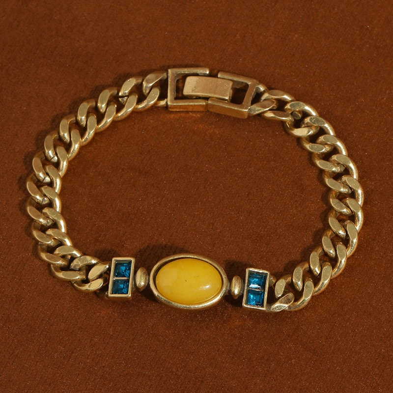 

Big Beeswax Yellow Stone Vintage Natural Bracelets For Ladies Antique Gold Plated Chain Jewelry Retro Charm Mother Day Gifts New