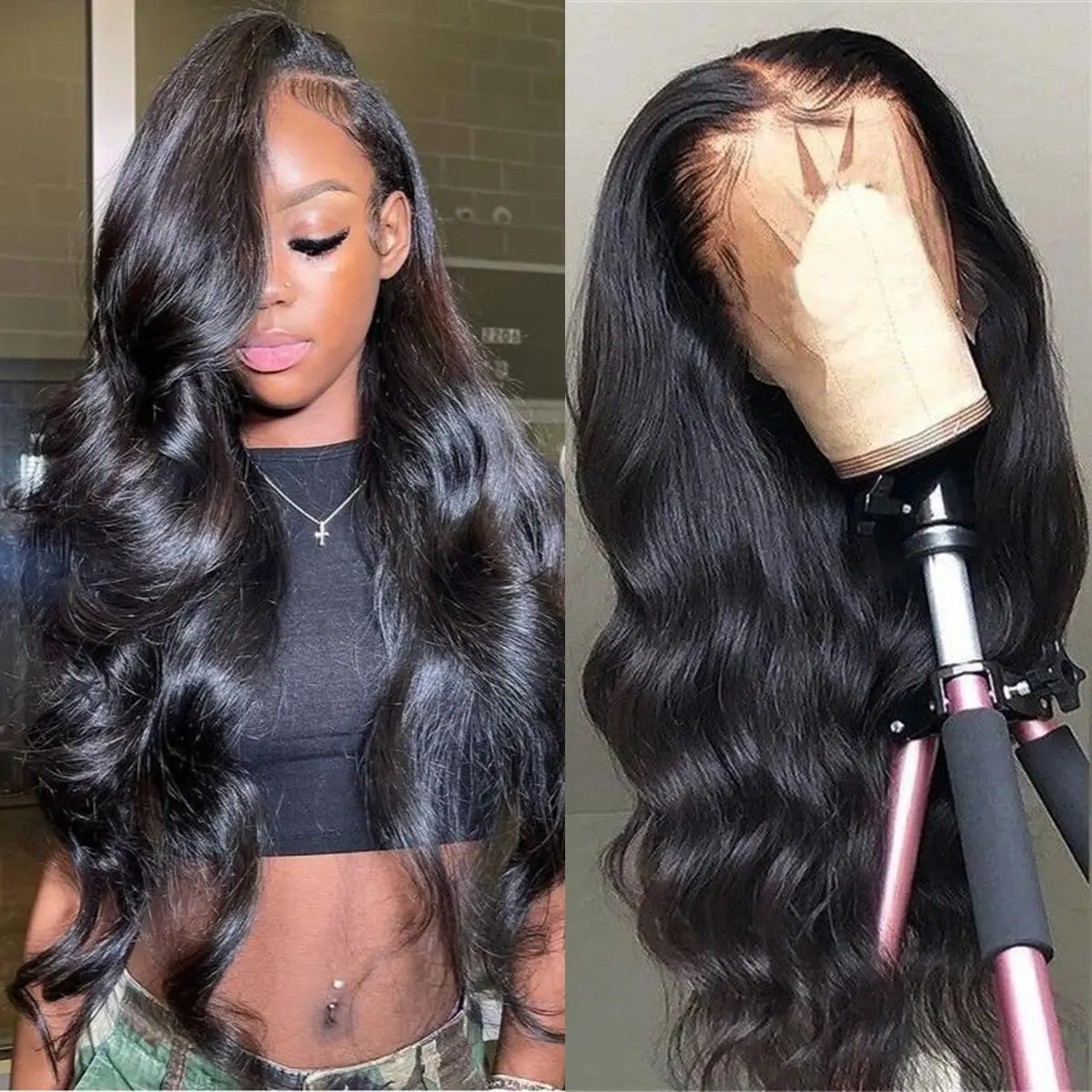 40인치 스트레이트 13x6 HD 투명 레이스 프론탈 가발 200% 밀도 바디 웨이브 인모 내추럴 블랙 브라질리언 인모 가발