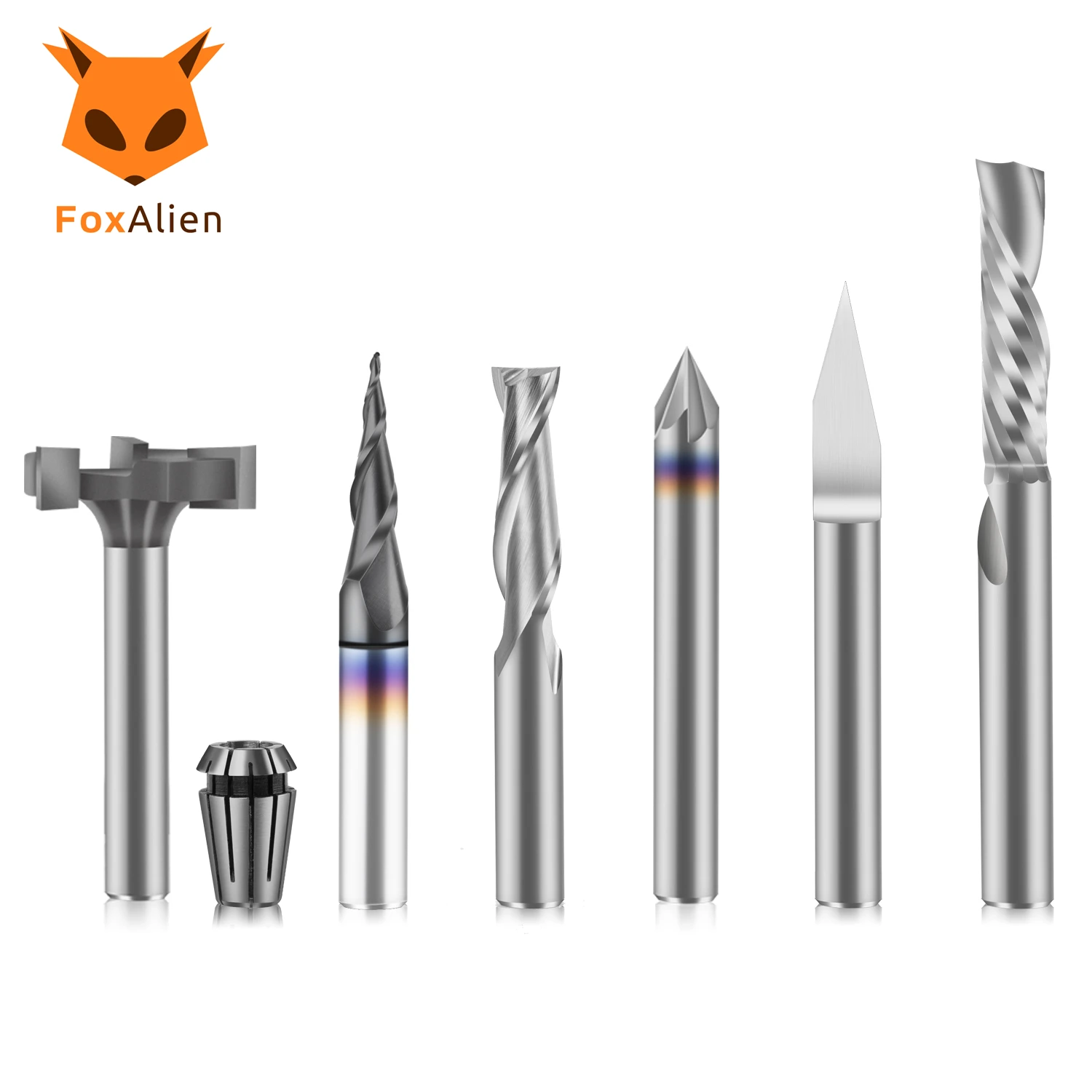 Foxalien-cnc Router Bits Kit Essencial End Mill Conjunto para Madeira Metal Alumínio Fresagem Carbide Broca 6.35 mm Shank