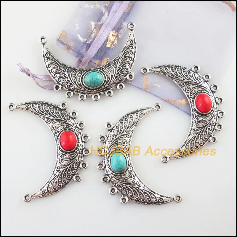 Fashion 4Pcs Retro Tibetan Silver Tone Flower Moon Blue&Red Stone Charms Connectors 37x54mm