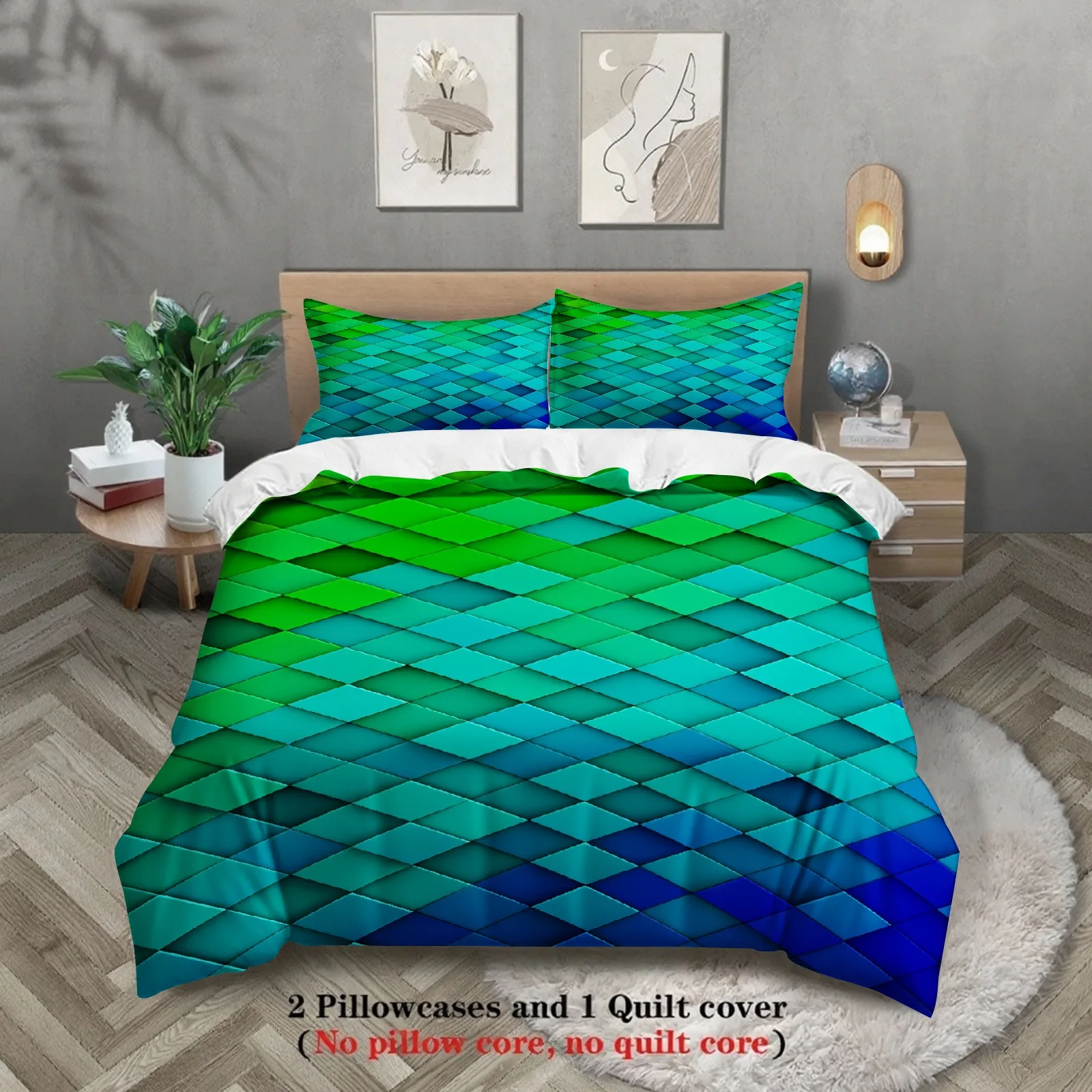 Green Blue 3D Geometric Bedding Set Gradient Scale Duvet Cover Pillowcase Set Soft Breathable For Bedroom Decor