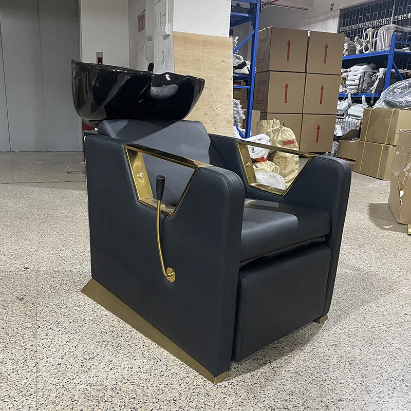 Modern Barbershop Furniture Black Gold Reclining Washing Chair Luxury Head Spa Therapy Shampoo Bed with Ceramic Bowl