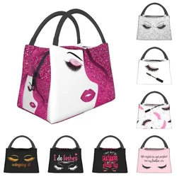 Eyelash Makeup With Pink Glitter Insulated Lunch Bag for Camping Travel Lashes Artist Waterproof Cooler Thermal Lunch Box Women