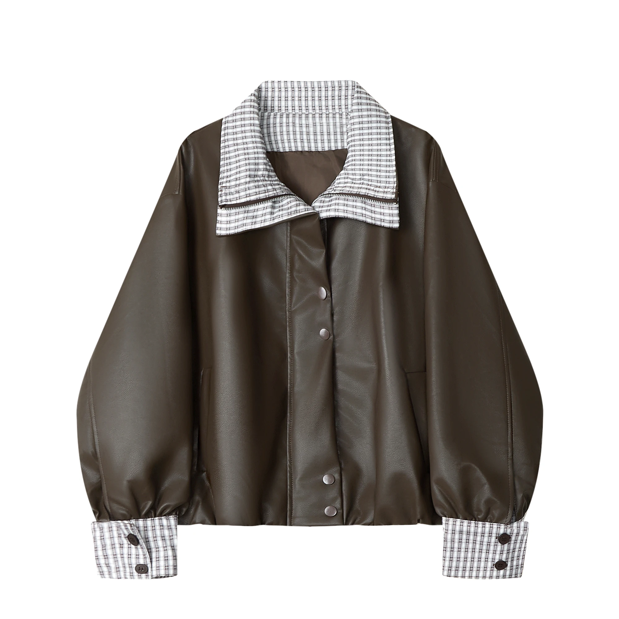 Moda couro do plutônio xadrez ort jaet feminino solto emagrecimento motociclista sle casual wear outono faion parte superior do corpo topo