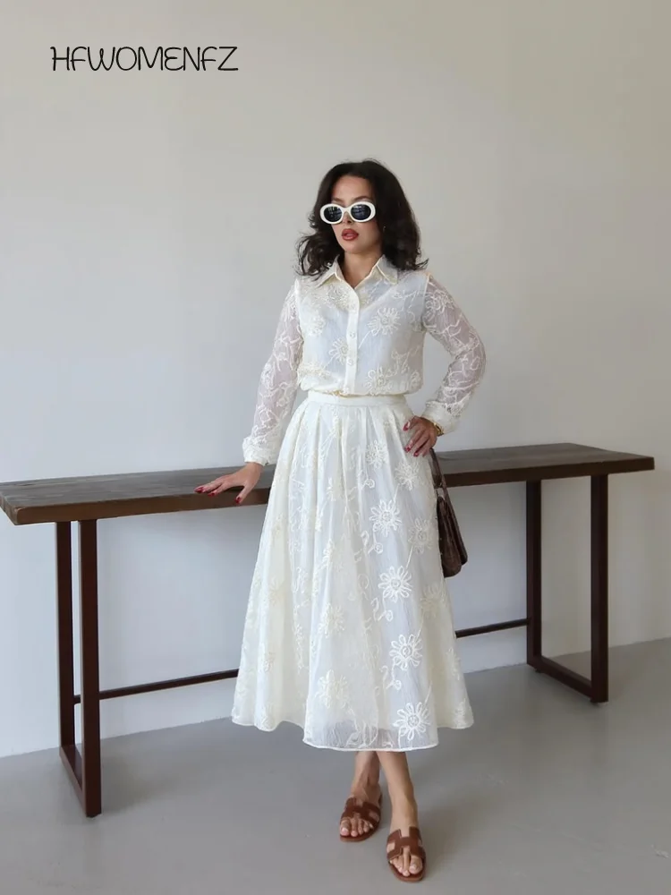 

Casual Lace Shirt Skirts Sets Women Solid Button Lapel Full Sleeve Shirts Long A-line Skirt Female 2025 Summer Fall Lady Suits