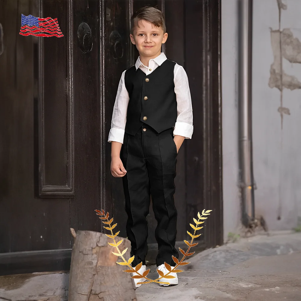 Khaki Linen Boys Suit 2 Piece Vest Pants 2-16 Years Old Wedding Kids Tuxedo Casual Party Clothes Fashion Outfit