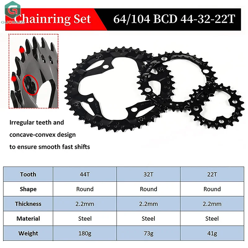 BUCKLOS Bicycle 104BCD Chainring 3x9S 22T/32T/44T Mountain Bike Chain Ring Durable 104/64BCD Triple Chainring Set Cycling Parts
