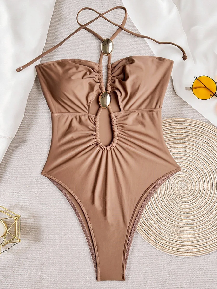 S - XL Hollow Out Halter Metal Rings One Piece Swimsuit Women Bandeau Swimwear Female Monokini High Cut Bathing Suit Swim Lady