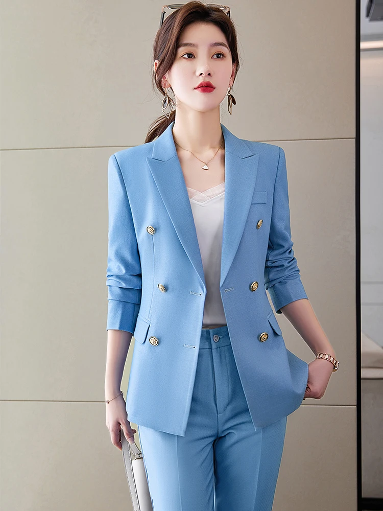 High Quality Women Navy Blue Black Pant Suit Female Button Decoration Blazer and Trouser 2 Piece Set For Office Ladies Work Wear