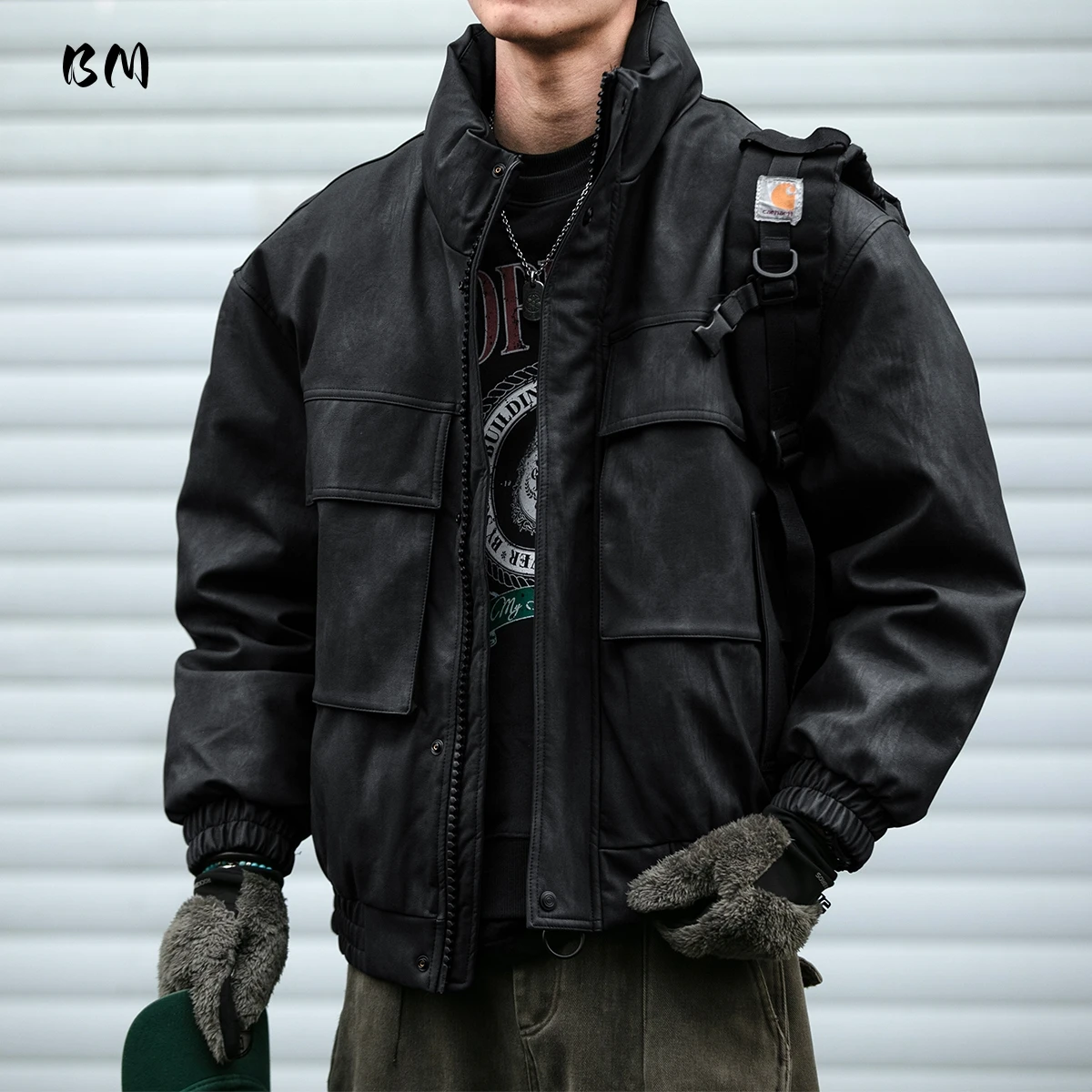 

Mens Winter Motorcycle Leather Down Jacket Thick Padding Stand Collar White Duck Fill Streetwear Workwear Warm Windproof Coat