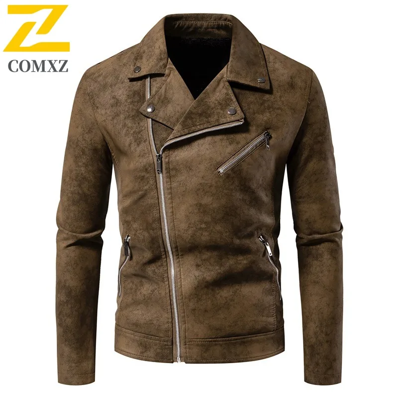 

Мужская кожаная куртка COMXZ в европейско-американском стиле с высококачественным ретро-стилем и модным новым мотоциклетным стилем.