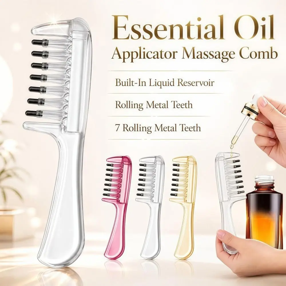 Transparent Essential Oil Applicator Massage Comb Rolling Metal Teeth 7-Tooth Scalp Liquid Applicator Comb Precise
