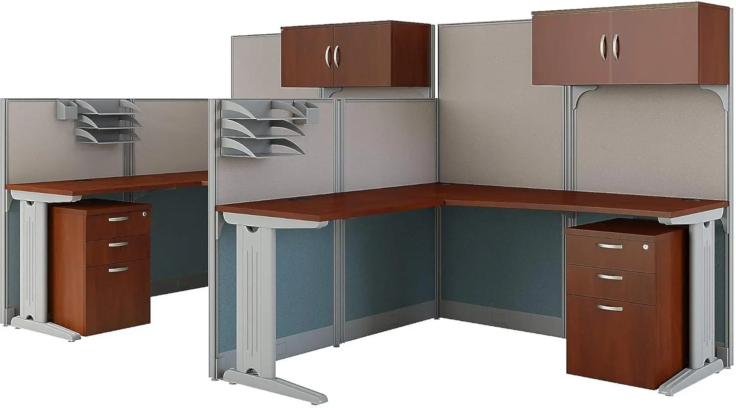 Office in an Hour L Shaped Cubicle Desks with Storage, Drawers, and Organizers | Double Workstation Set