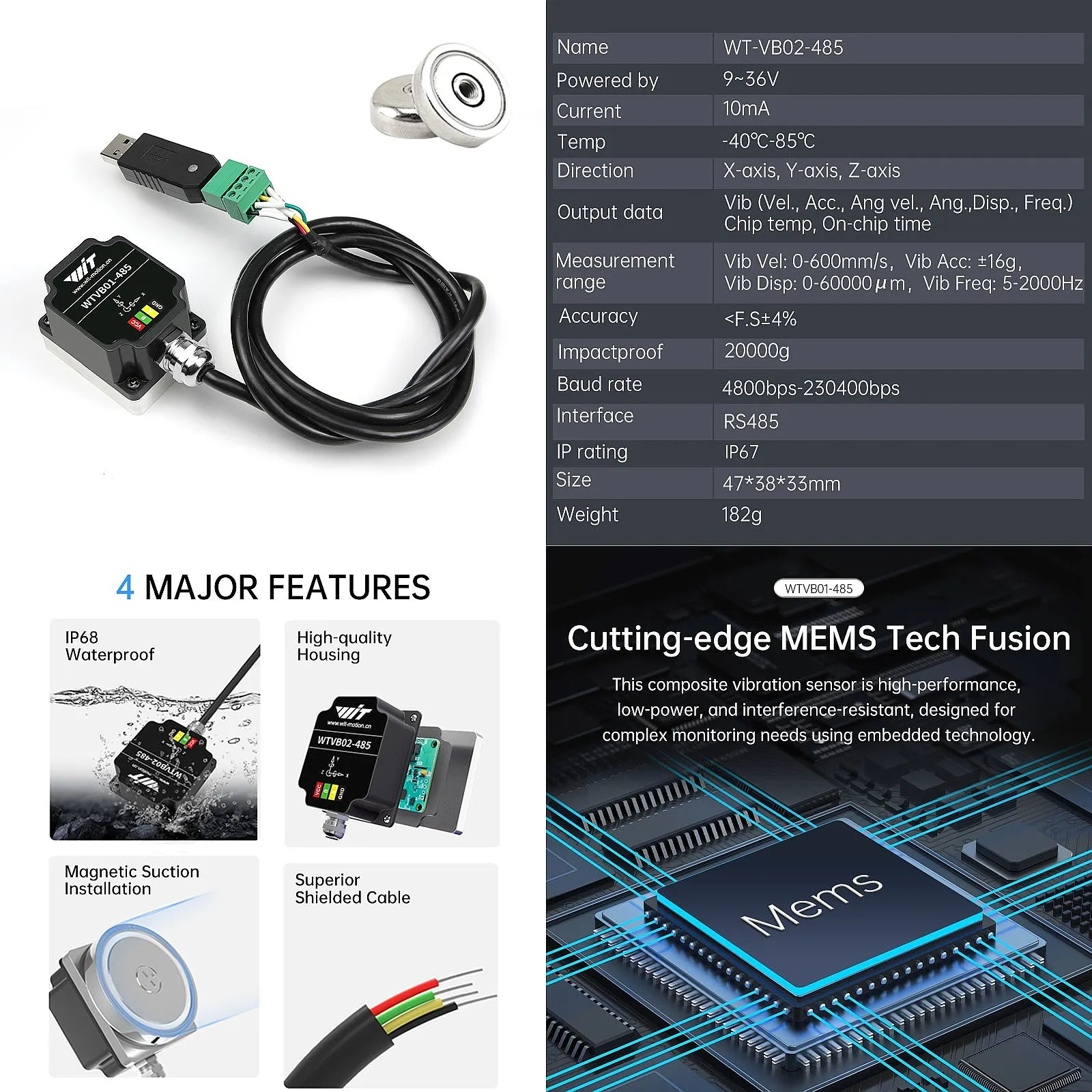 Capteur de vibration à 3 axes WitMotion WTVB02-485, mesure de la vitesse et de l'amplitude, étanche IP68, pour la surveillance des pompes électriques