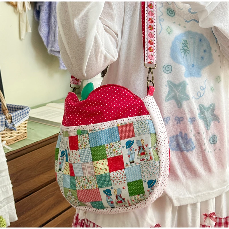 Patchwork-Stoff-Umhängetasche, Apfelförmige Handtasche mit Blumen- und Punktmuster für Damen, Mädchen, Studenten, Cottagecore, süße Handtasche – Detail 30