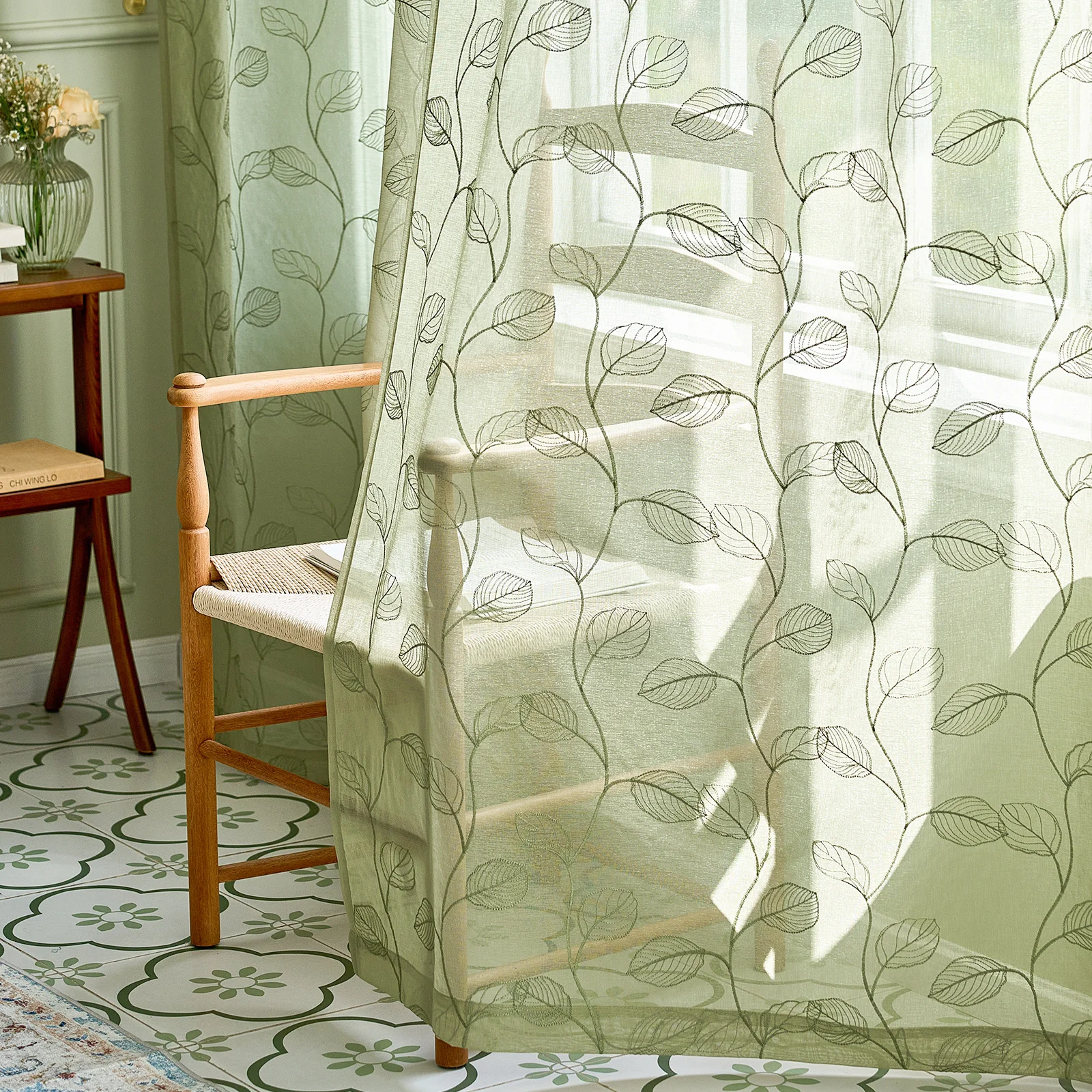 JINCHAN 1 Panel Sheer Curtains Leaf Embroidered Rod Pocket Floral Pattern Window Curtains Green Voile Drapes for Livingroom