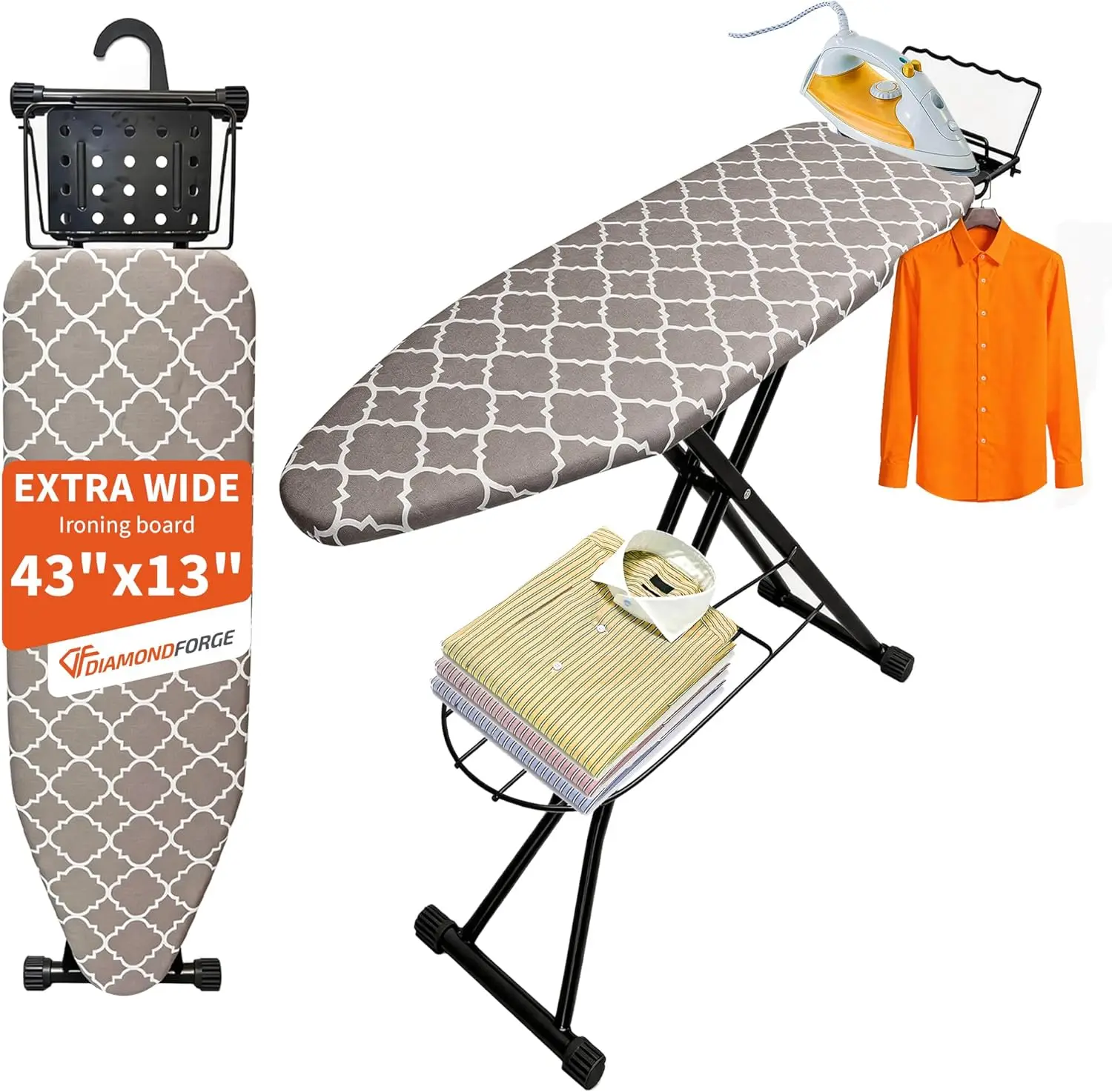 

Full Size Ironing Board, Wobble-Free, Built-in Hook & Hanger, Wide Surface, Metal Iron Rest, Heat Resistant Cover