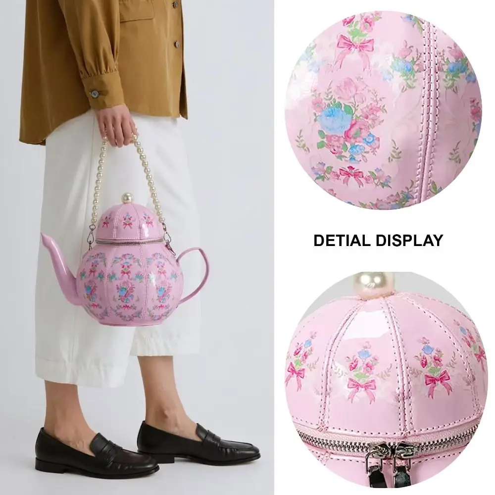 New PU Leather Teapot Design Handbags Personality Creative Buckets Bag Luxury Pearl Chains Purse for Girls for Women view 5