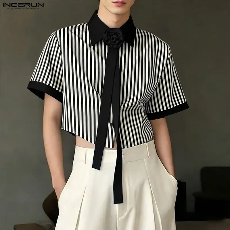 

INCERUN Men's Shirt Striped Patchwork Flower Lapel Short Sleeve Crop Tops Shirts For Man Summer Streetwear Fashion Men Clothes