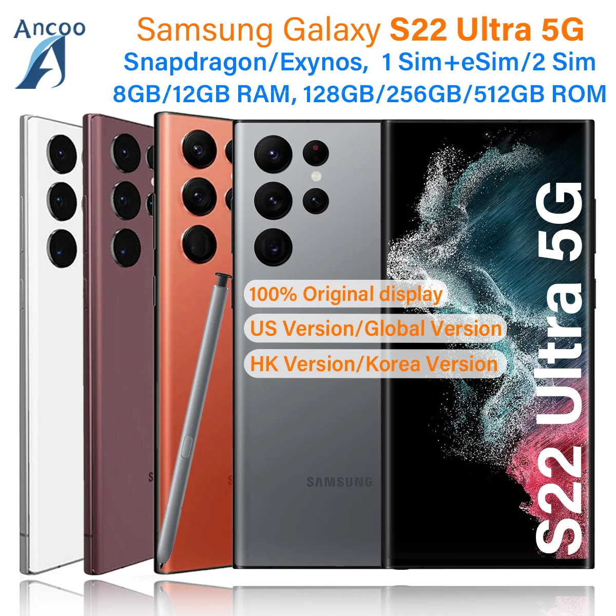 Samsung Galaxy S22 Ultra 5G S908U1 S9080 S908B S908N 128G/256G/512G ROM Snapdragon Octa Core 6.8