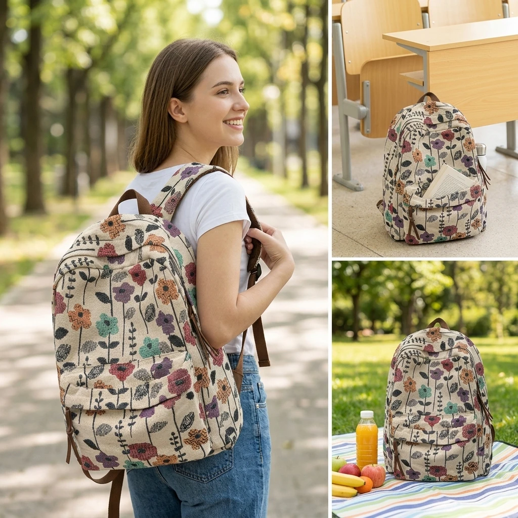

Floral Print Backpack For Women Lightweight Casual Daypack With Multi Compartments And Waterproof Fabric