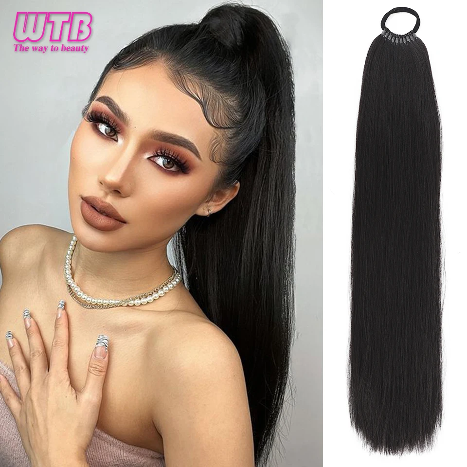 

WTB 23 Inch Straight Ponytail Wig With Elastic Band Synthetic Ponytail Extension Wrap Around Heat Resistant Pony Tail For Women