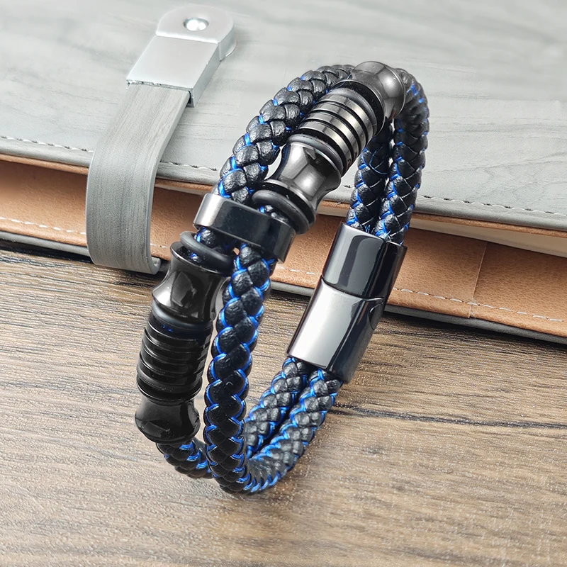 Retro Blaue Herren-Lederarmbänder Einfacher Offener Armreif Geflochtenes Lederarmband mit Edelstahl-Verschluss Handgeflochtenes Seil Outdoor-Sport Geschenk