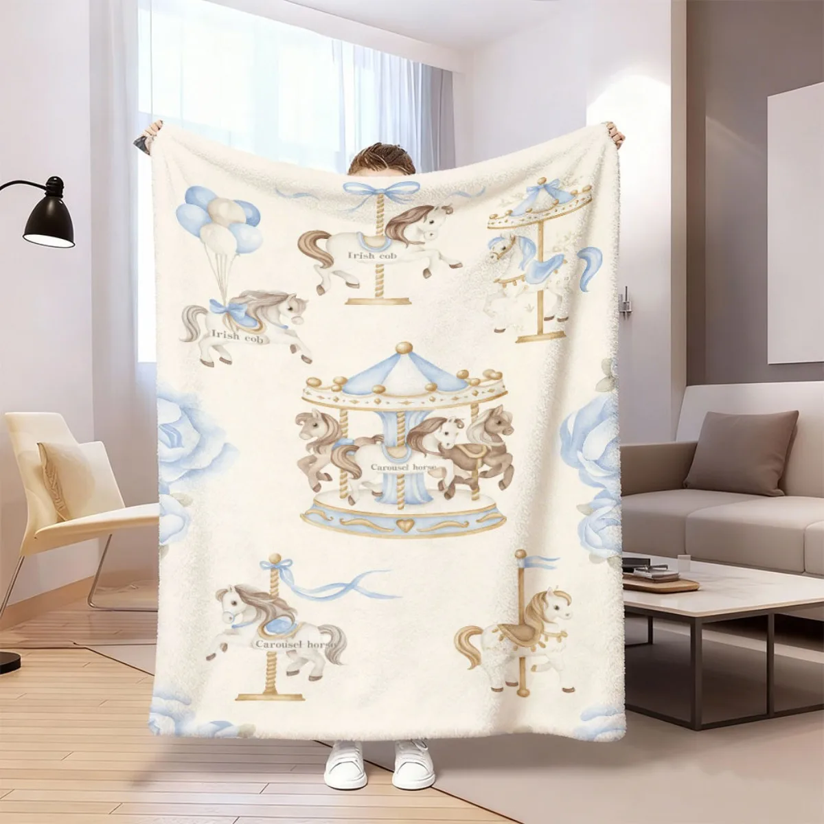 Premium Plush Fleece Blanket Throw Carousel Horse Design Ultra Soft Cozy Winter Decorative Throw for Sofa Bed Gift for Kids