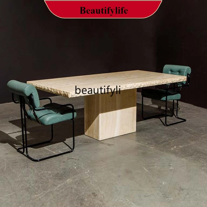 

Natural Roman travertine marble dining table Square dining table Ancient French Nordic dining table G1218