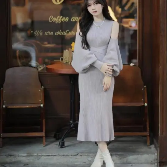 ชุดเสื้อไหมพรมถักสไตล์ญี่ปุ่นแบบสองชิ้น รุ่น Dr ทรงเข้ารูป กระชับเอว 4 ทิศทาง คอลเลคชั่นฤดูหนาวสำหรับสุภาพสตรี