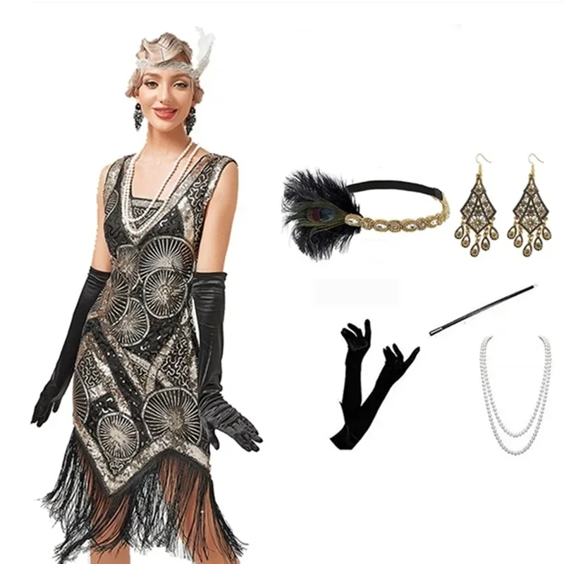 Women Halloween Cosplay Accessories Costume Dress Ladies 1920s Sequin Gatsby Cocktail Evening Prom Party Dress