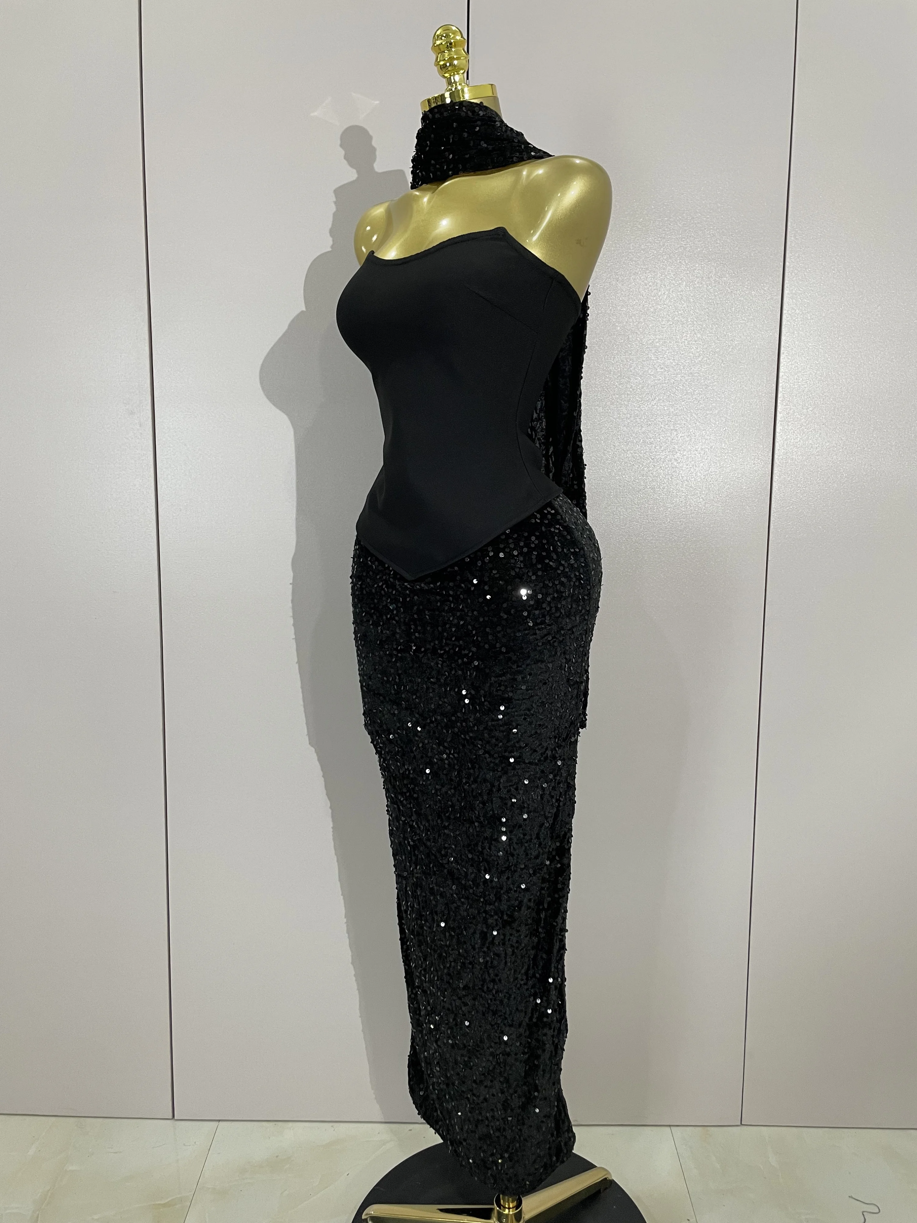 Błyszczący Cekinowy Seksowny Bez Ramiączek Czarny Maxi Długi Bandage Trzyczęściowy Zestaw 2025 Kobiety Eleganckie Wieczorowe Klubowe Imprezowe Urodzinowe Suknie Balowe