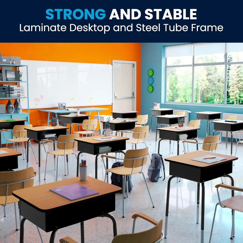 Height Adjustable Student Desk with Metal Book Box, Open Front Design for Classroom or Home Learning, Natural/Black