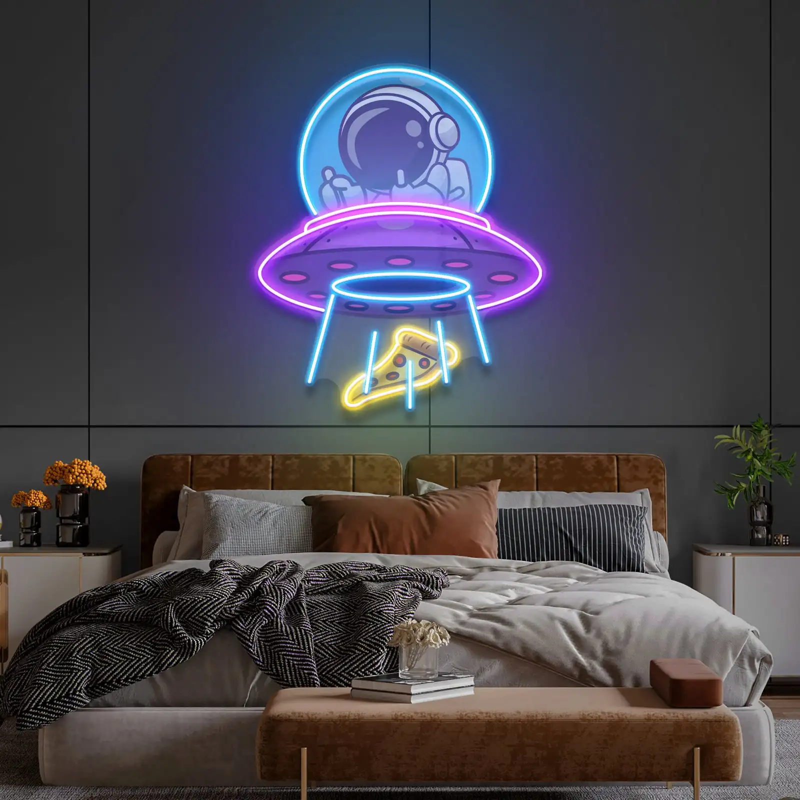 UFO Astronaut Neon Sign Wall Decor Artwork Teens Children Bedroom Dimmable USB Night Sign Astronaut Space Game Room Decor