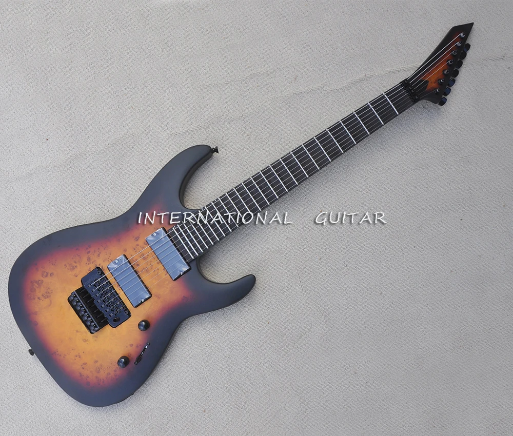 7 Strings Tobacco Sunburst Electric Guitar with Tremolo Bar,Burl Maple Veneer,Rosewood Fretboard