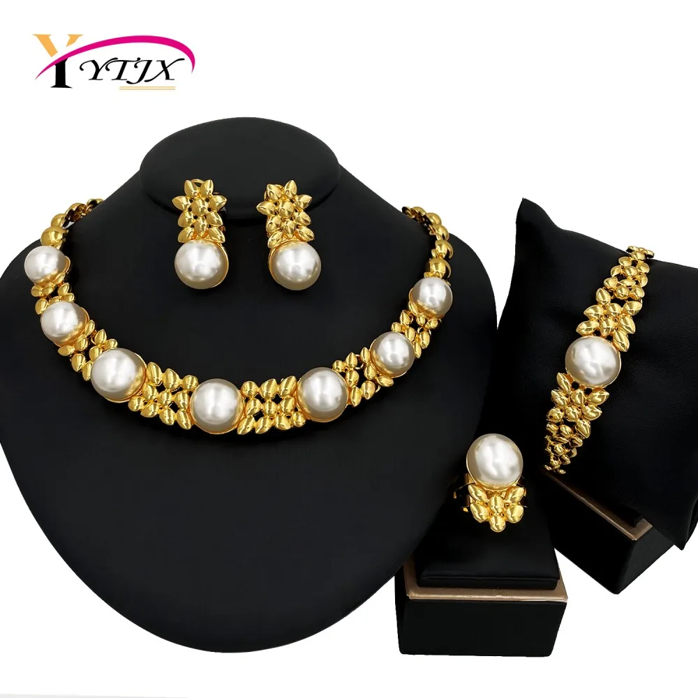 

YTJX 4 Pcs/set Artificial Pearl Jewelry Set Luxury Gold Color Necklace Bracelet Earring Ring For Women Lover Girlfriend Gifts