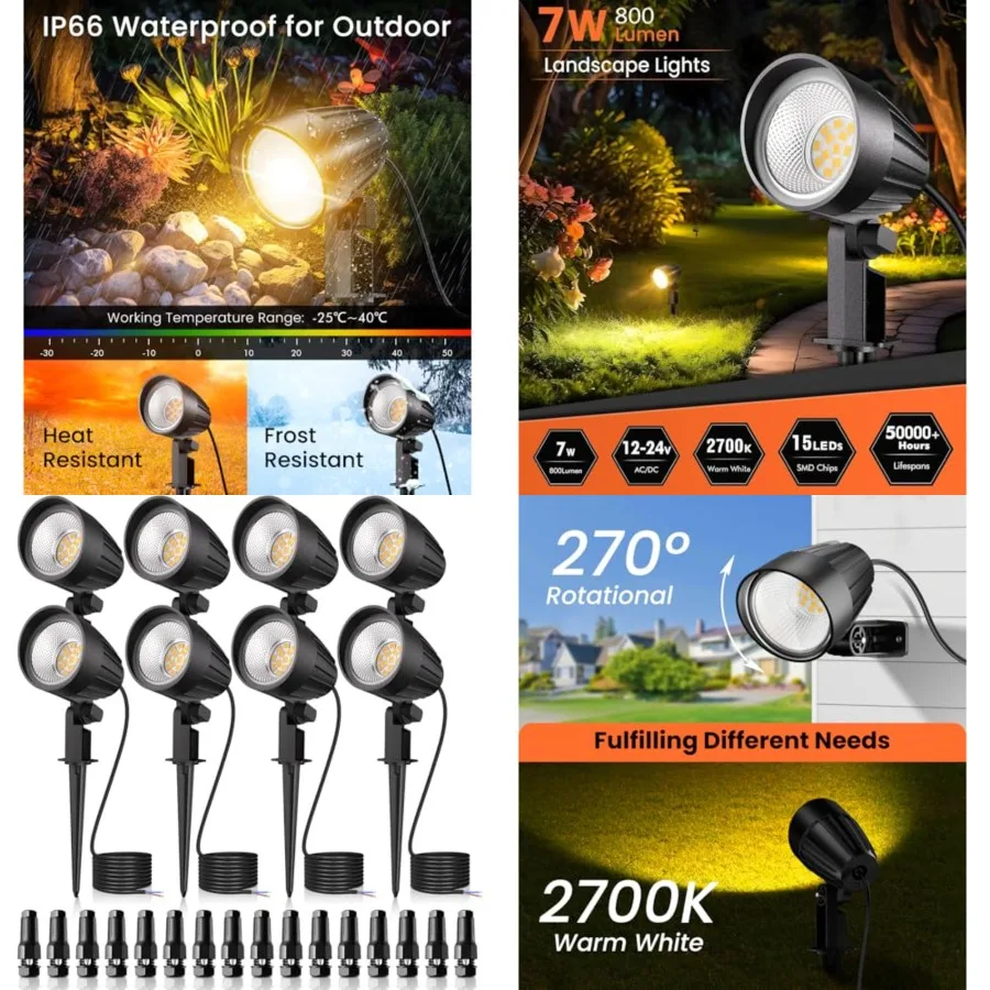 

7W 00lm Low Voltage Landscape Lights, 1V V LED Landscape Lighting with Connectors, 700K IP66 Waterproof Outdoor LED Spotlights
