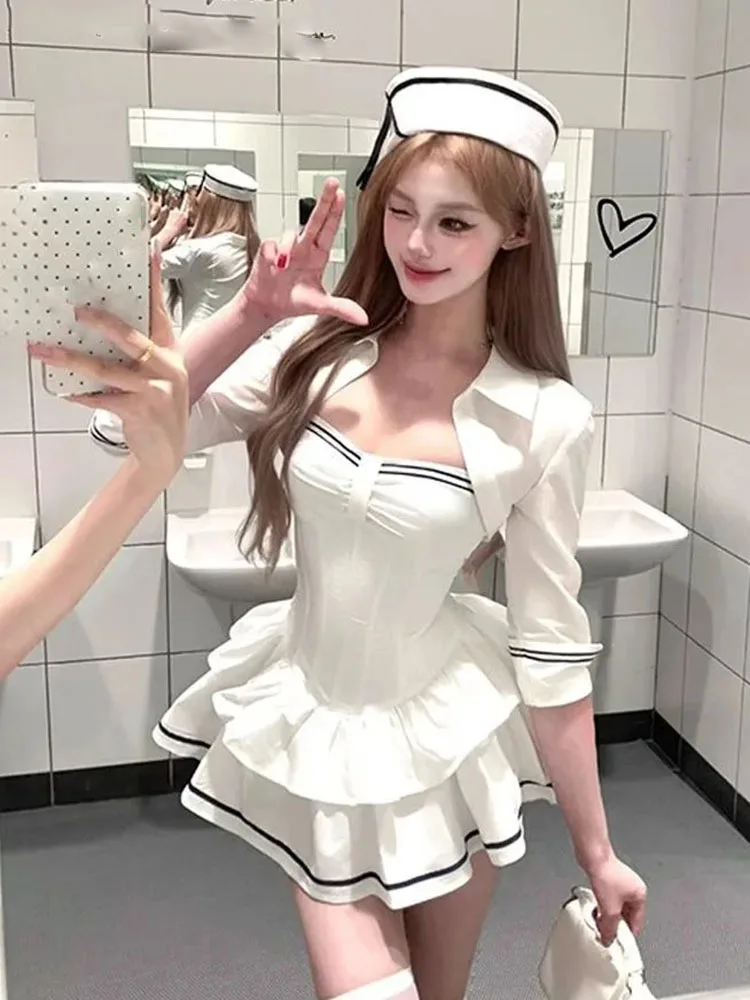 

Корейское пальто с длинными рукавами и лацканами, женское модное сексуальное платье-бретелька с тонкой талией, новинка 2025, летние новые комплекты из двух предметов