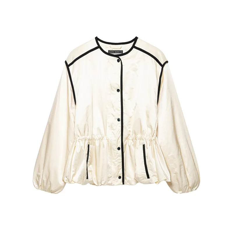Women Autumn Cream Satin Short Jacket Collarless Black Piping Elastic Waist Peplum Coat Chic French Style Casual Outerwear