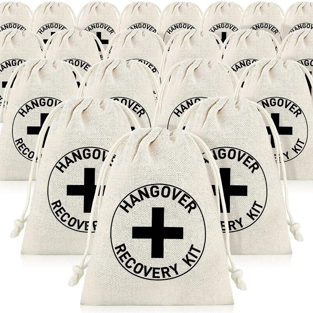 5pcs Hangover Recovery Kit Gift Bags Cross Print Cotton Drawstring Pouch Bachelorette Party Bridal Shower Favors Wedding Favors