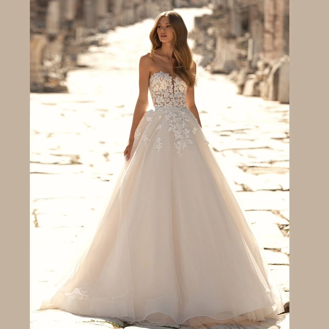 

Ivory Strapless Appliques Wedding Dresses Customized Party Prom Gowns Luxurious Sweetheart Flowers Lace A-line Brides Long Dress